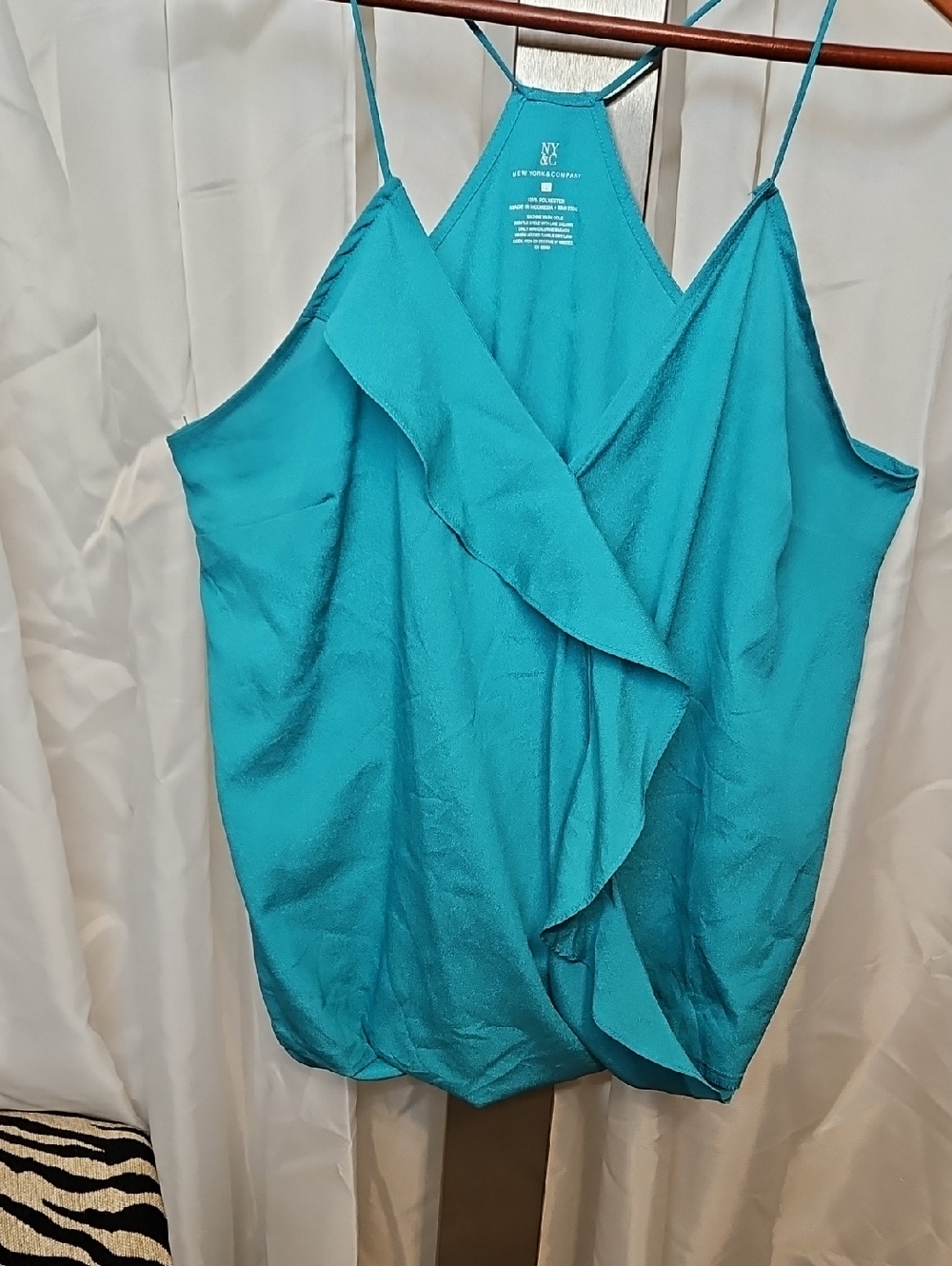 New York & Company Teal Ruffle-Front Wrap Cami Large